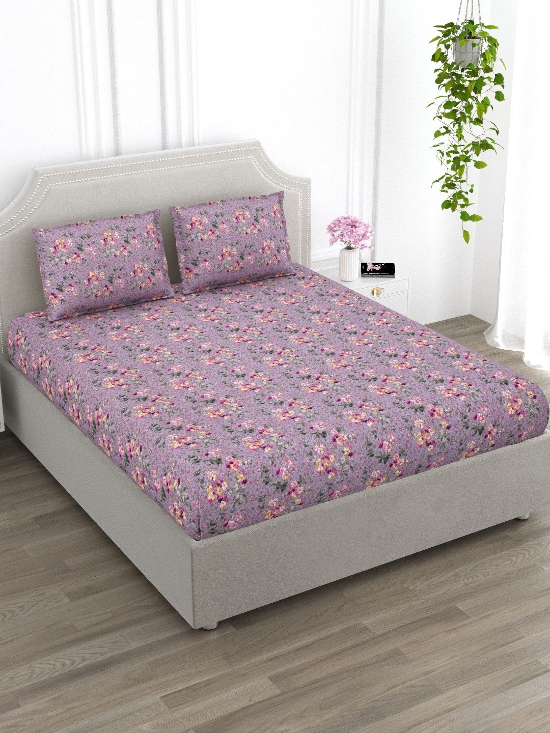 

EverHOME Purple & Pink Floral Cotton 210 TC Super King Bedsheet with 2 Pillow Covers