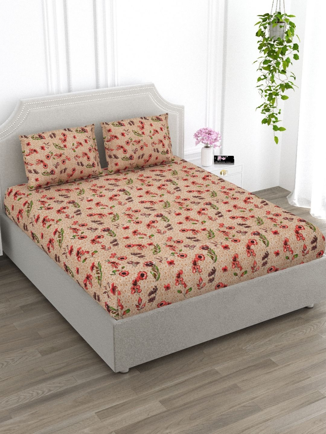 

EverHOME Brown & Red Floral Cotton 210 TC Super King Bedsheet with 2 Pillow Covers