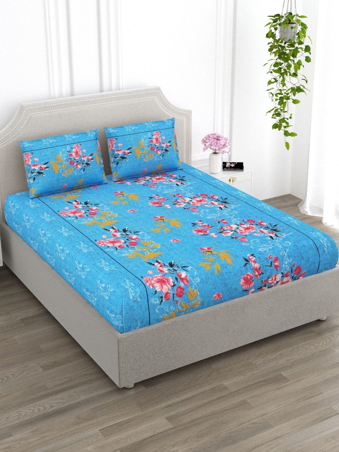

EverHOME Blue & Pink Floral Cotton 210 TC Super King Bedsheet with 2 Pillow Covers