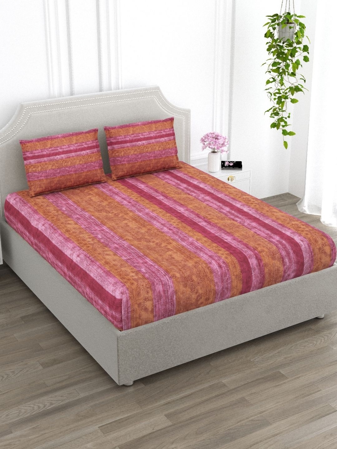 

EverHOME Purple & Mustard Striped Cotton 210 TC Super King Bedsheet with 2 Pillow Covers
