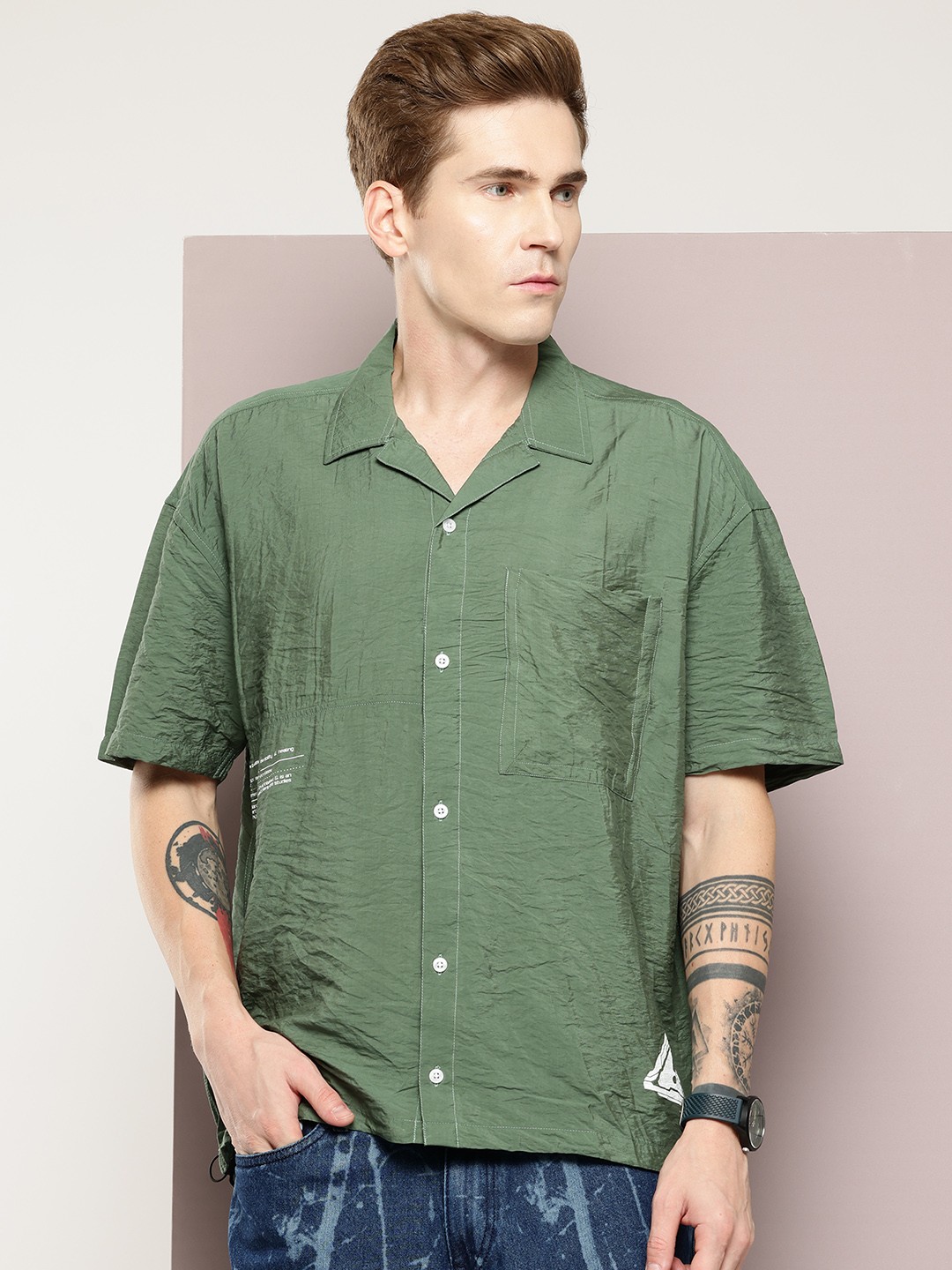 

MARVEL STREET Cyber Punk Men Printed Pure Cotton Casual Shirt, Olive