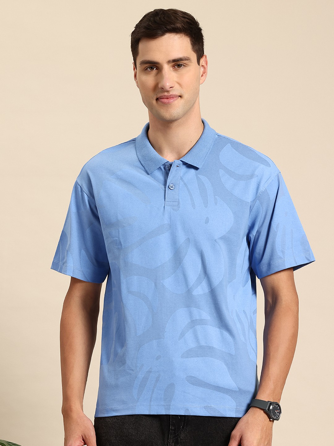 

Mast & Harbour Men Printed Polo Collar Drop-Shoulder Sleeves T-shirt, Blue