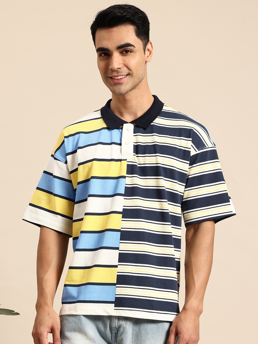 

Mast & Harbour Men Striped Polo Collar Drop-Shoulder Sleeves T-shirt, White