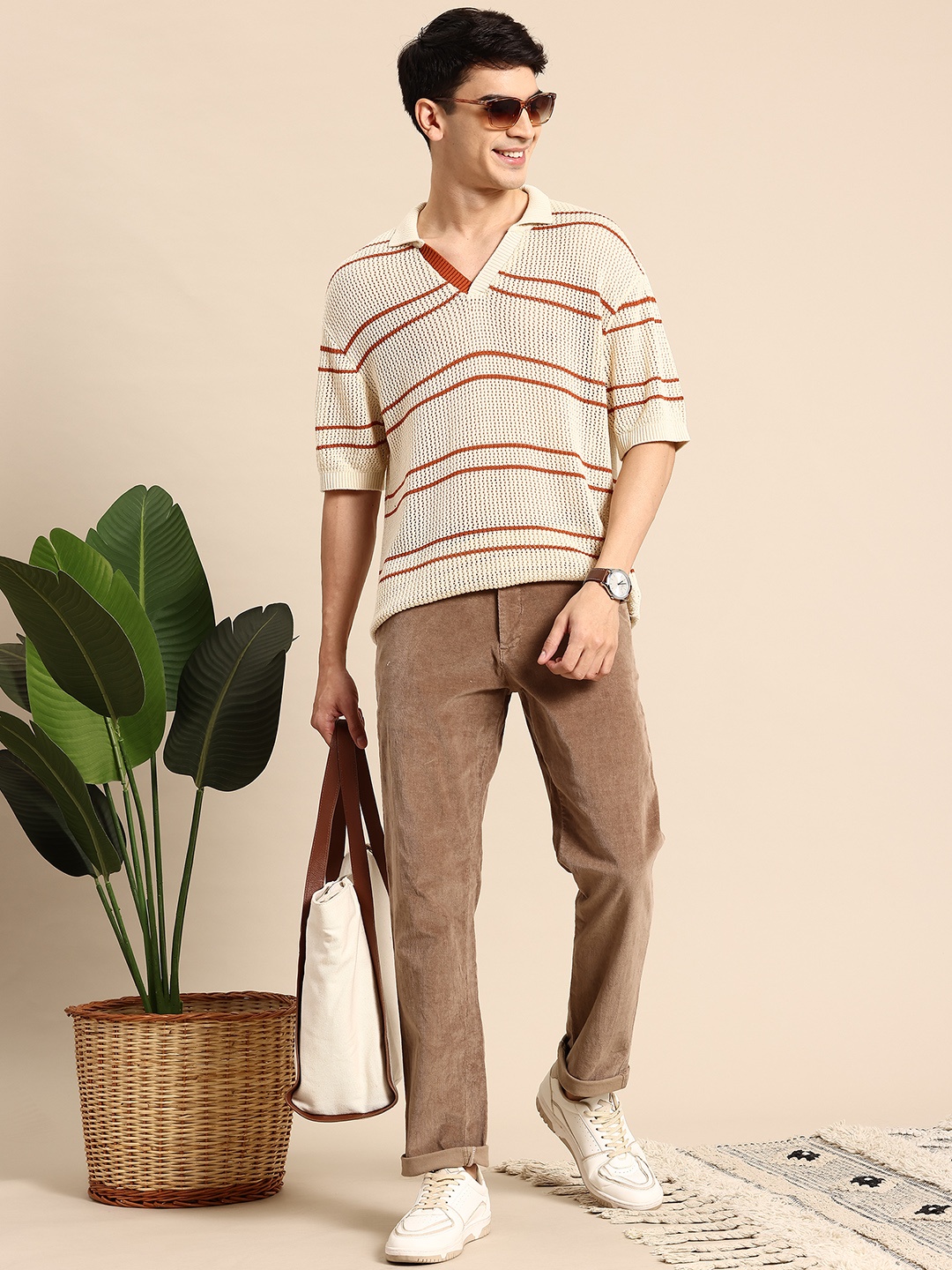 

Mast & Harbour Striped Polo Collar Open Knit Crochet T-shirt, Beige