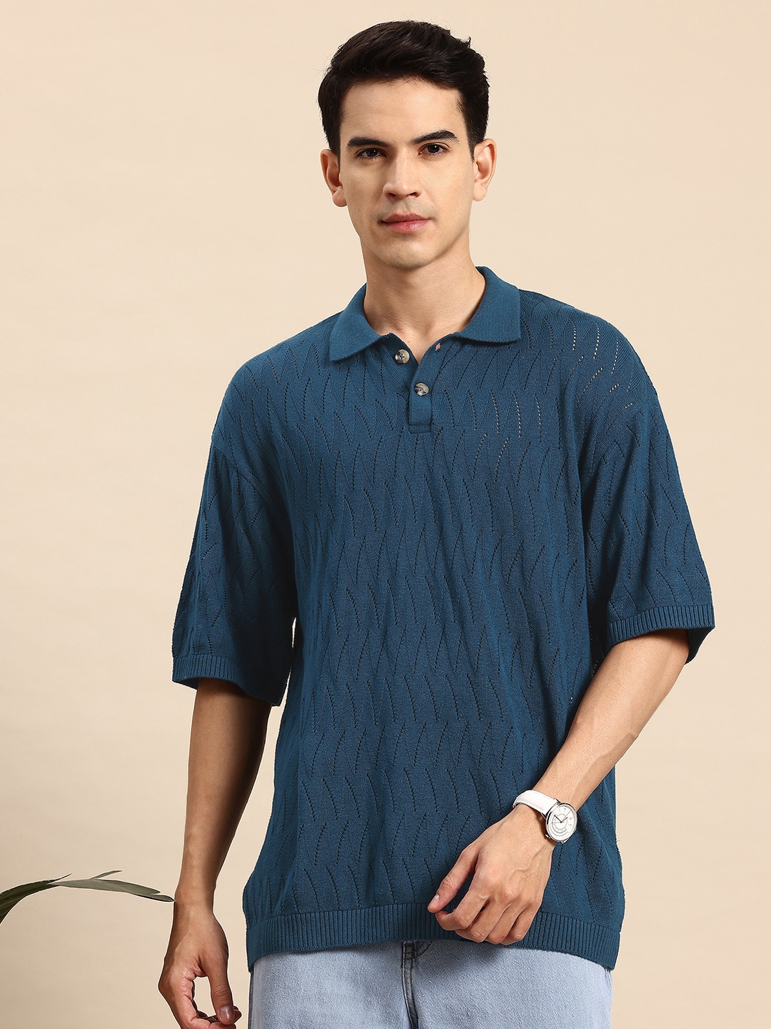 

Mast & Harbour Self-Design Polo Collar Relaxed T-shirt, Teal