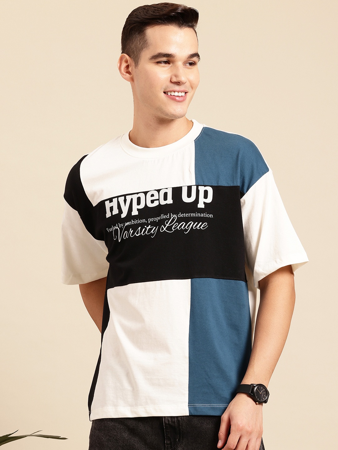 

Mast & Harbour Men Typography Printed Drop-Shoulder Sleeves T-shirt, Off white