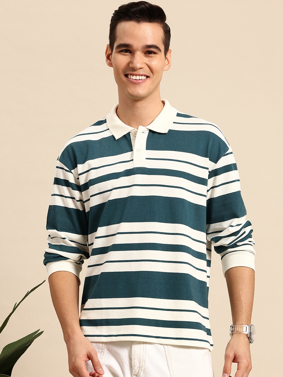 

Mast & Harbour Striped Polo Collar Drop-Shoulder Sleeves Relaxed T-shirt, Green