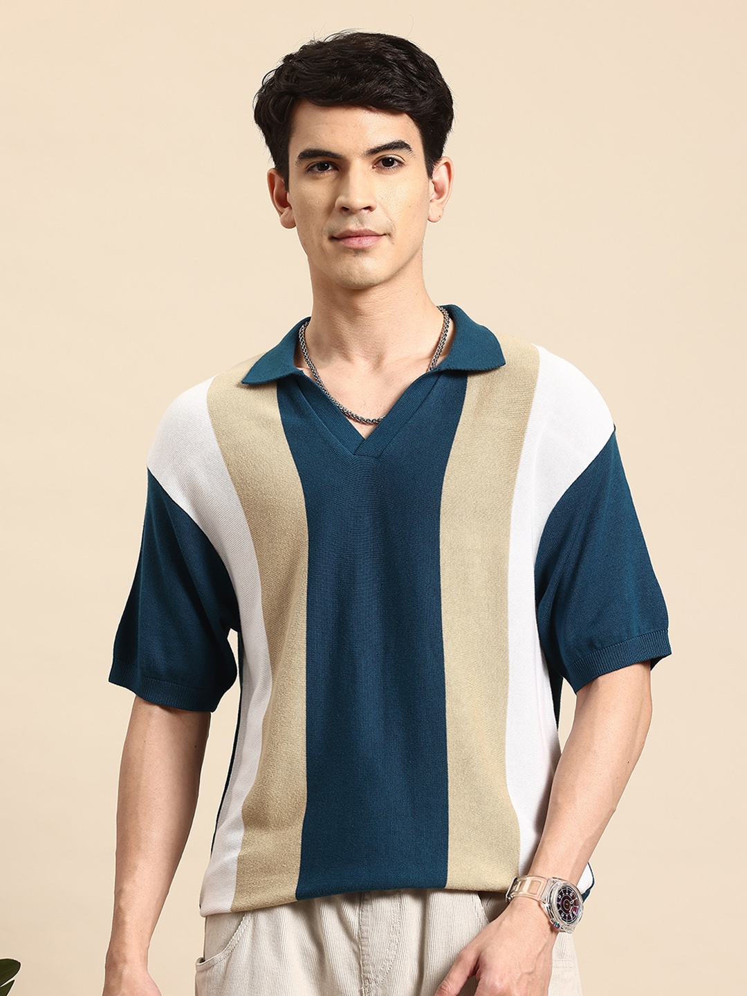 

Mast & Harbour Striped Polo Collar Drop-Shoulder Sleeves Relaxed T-shirt, Teal