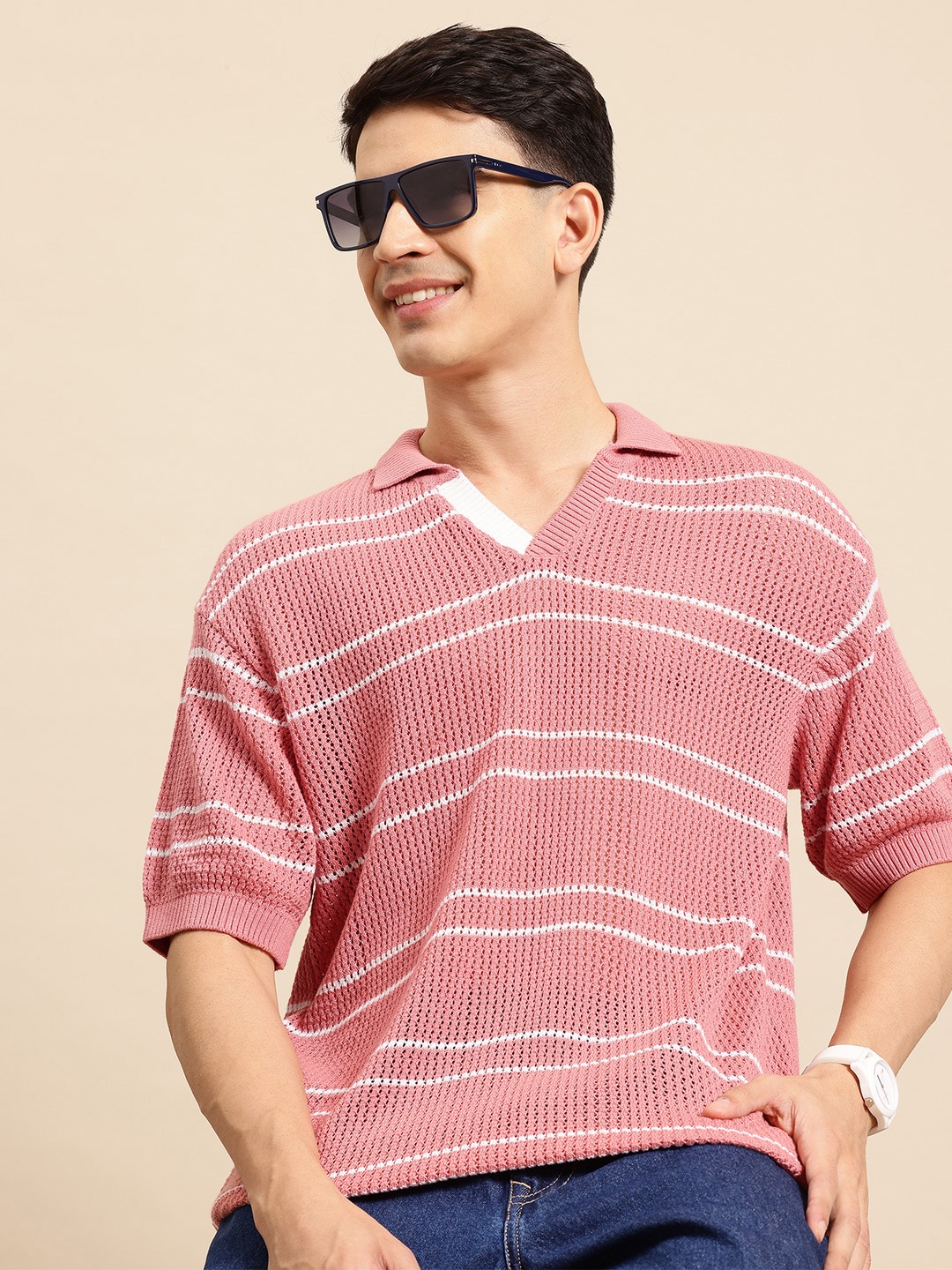 

Mast & Harbour Open-Knits Self-Striped Polo Collar T-shirt, Rose