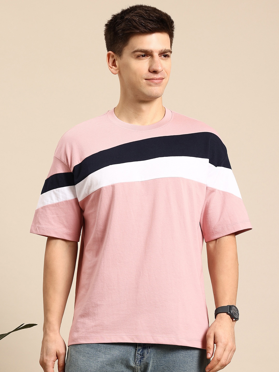 

Mast & Harbour Striped Drop-Shoulder Sleeves T-shirt, Pink