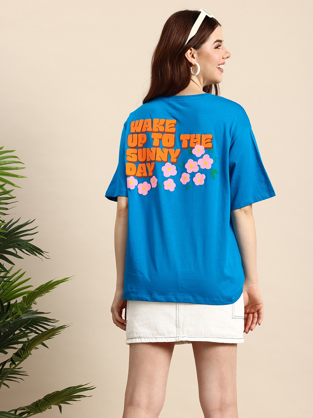 

Mast & Harbour Typography Printed Drop-Shoulder Sleeves Oversized Pure Cotton T-shirt, Blue