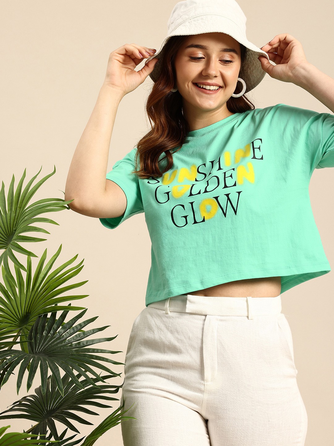 

Mast & Harbour Typography Printed Drop-Shoulder Sleeves Pure Cotton Boxy T-shirt, Green