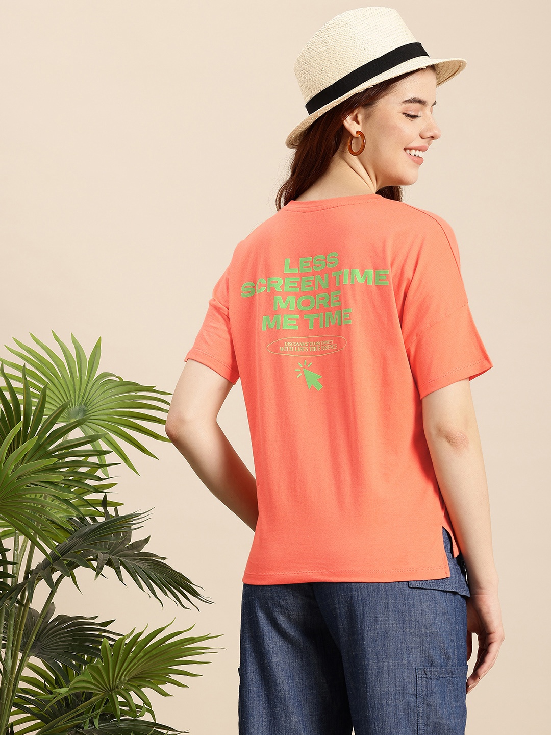 

Mast & Harbour Typography Printed Drop-Shoulder Sleeves Relaxed Fit Pure Cotton T-shirt, Peach