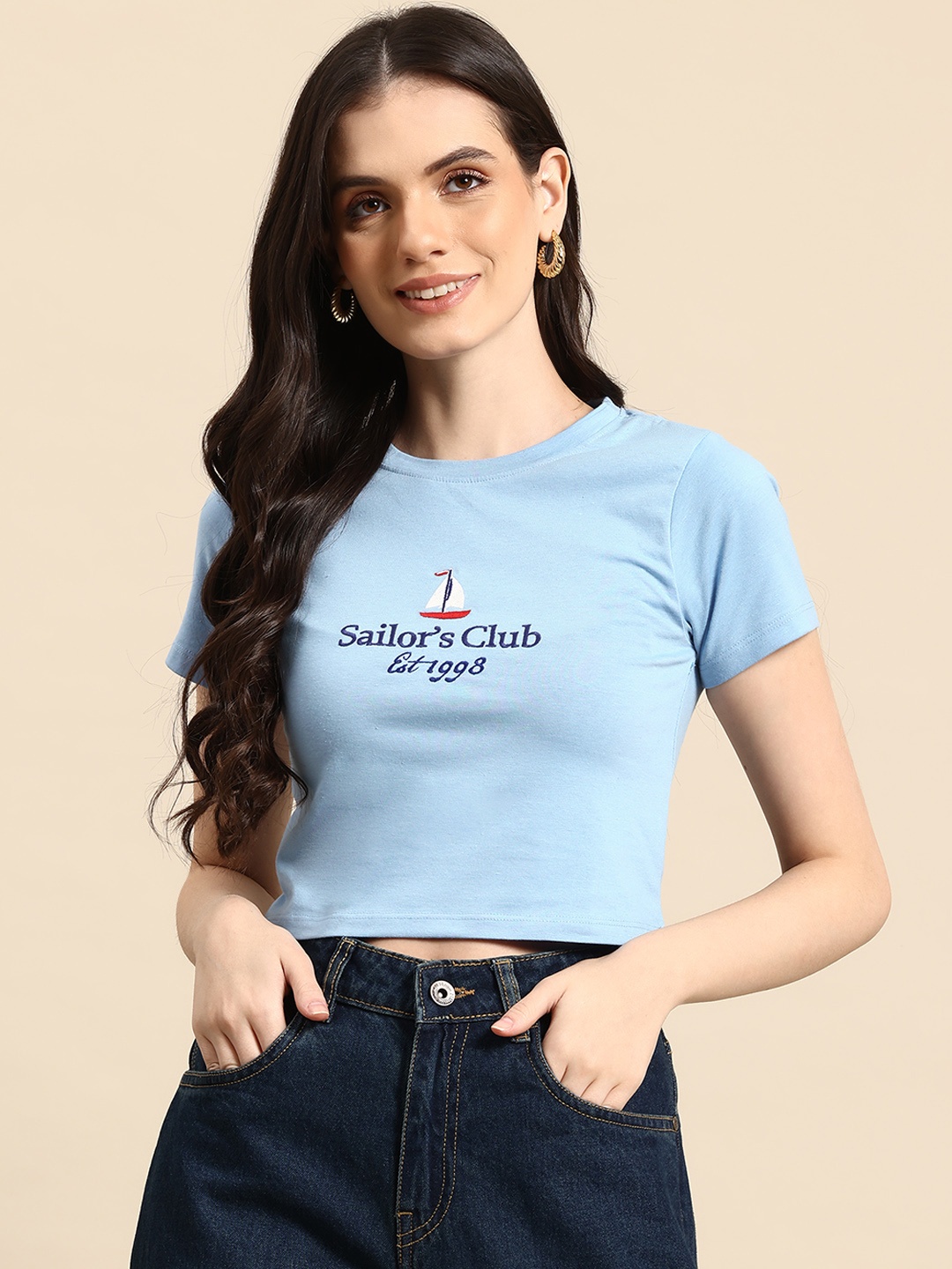 

Mast & Harbour Typography Applique Crop T-shirt, Blue