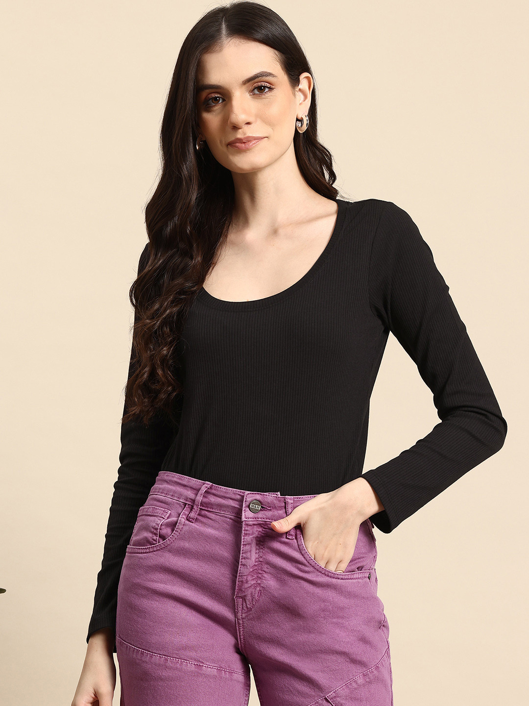 

Mast & Harbour Scoop Neck Ribbed Top, Black