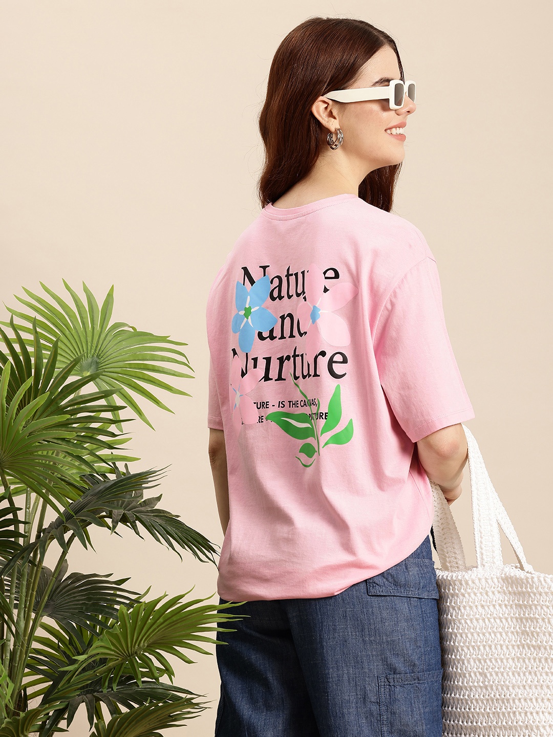 

Mast & Harbour Typography Printed Drop-Shoulder Sleeves Pure Cotton Relaxed Fit T-shirt, Pink