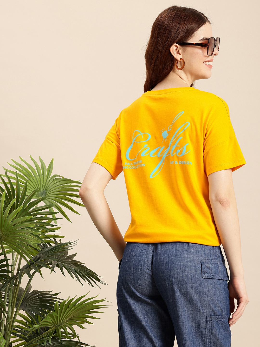 

Mast & Harbour Typography Printed Drop-Shoulder Pure Cotton Relaxed Fit T-shirt, Yellow