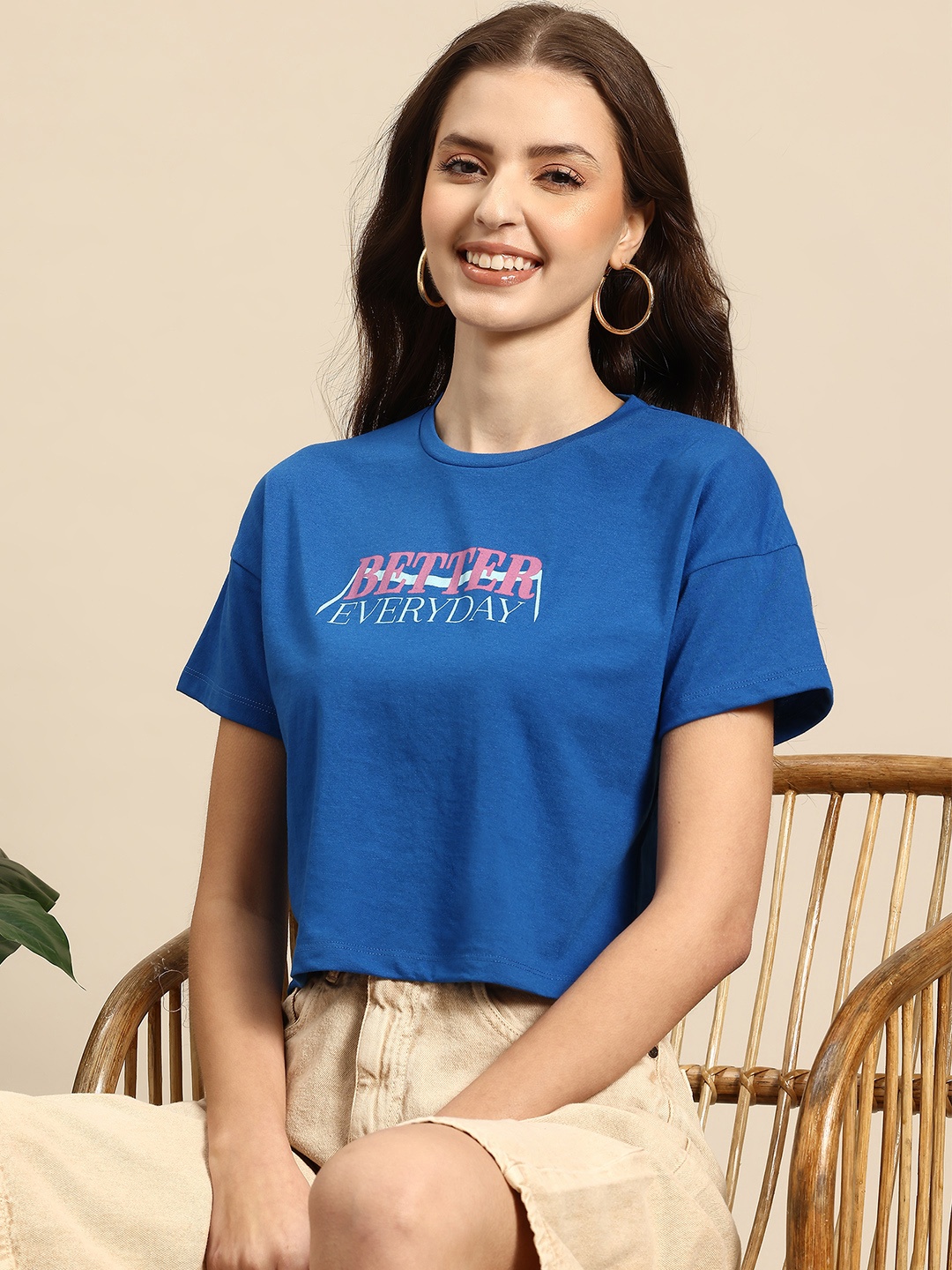 

Mast & Harbour Printed Casual Crop Tshirt, Blue