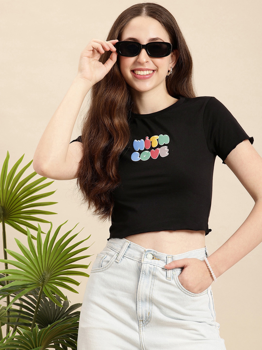 

Mast & Harbour Typography Printed Cropped T-shirt, Black