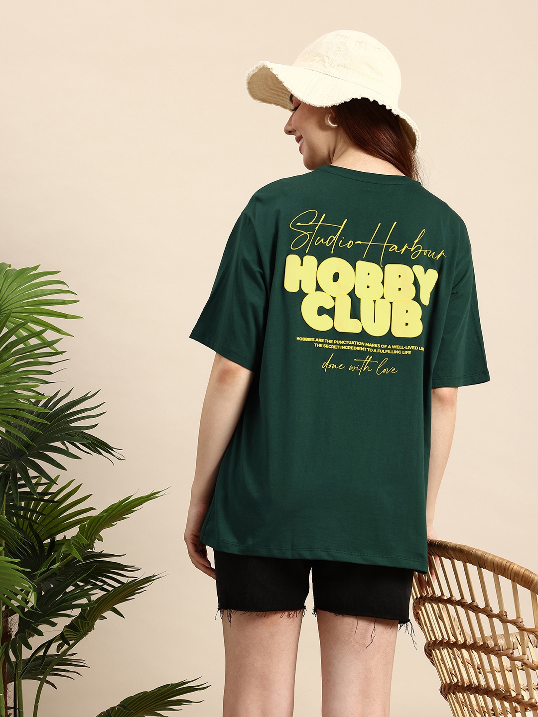 

Mast & Harbour Typography Printed Drop-Shoulder Sleeves Pure Cotton Oversized T-shirt, Green