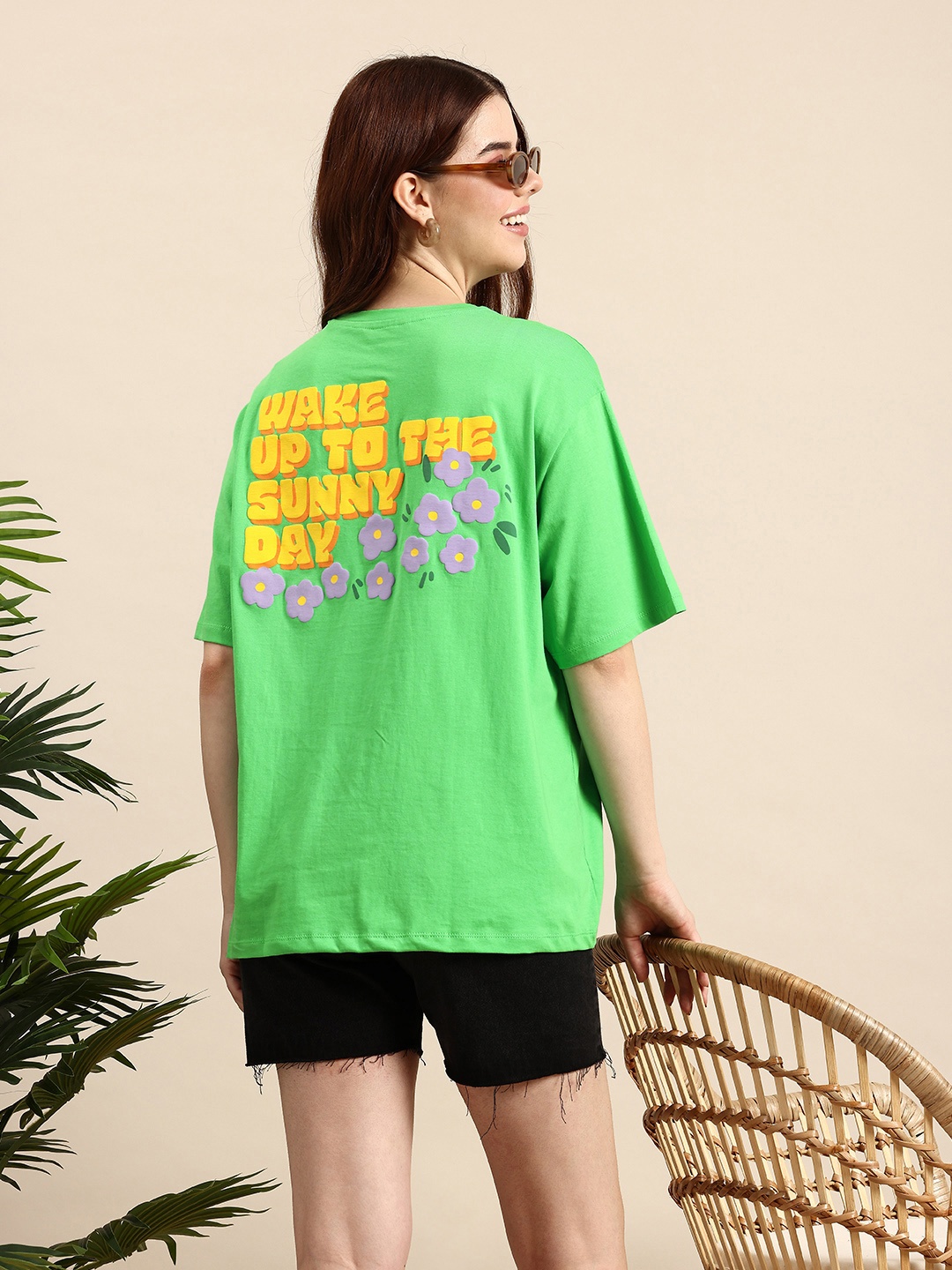 

Mast & Harbour Typography Printed Drop-Shoulder Sleeves Pure Cotton Oversized T-shirt, Green