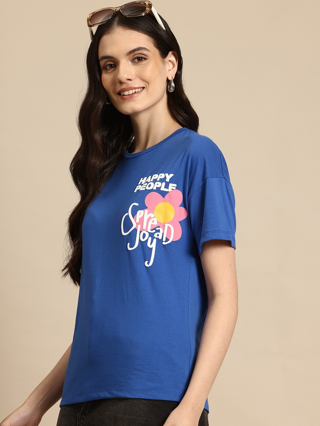 

Mast & Harbour Floral Print Drop-Shoulder Sleeves T-shirt, Blue