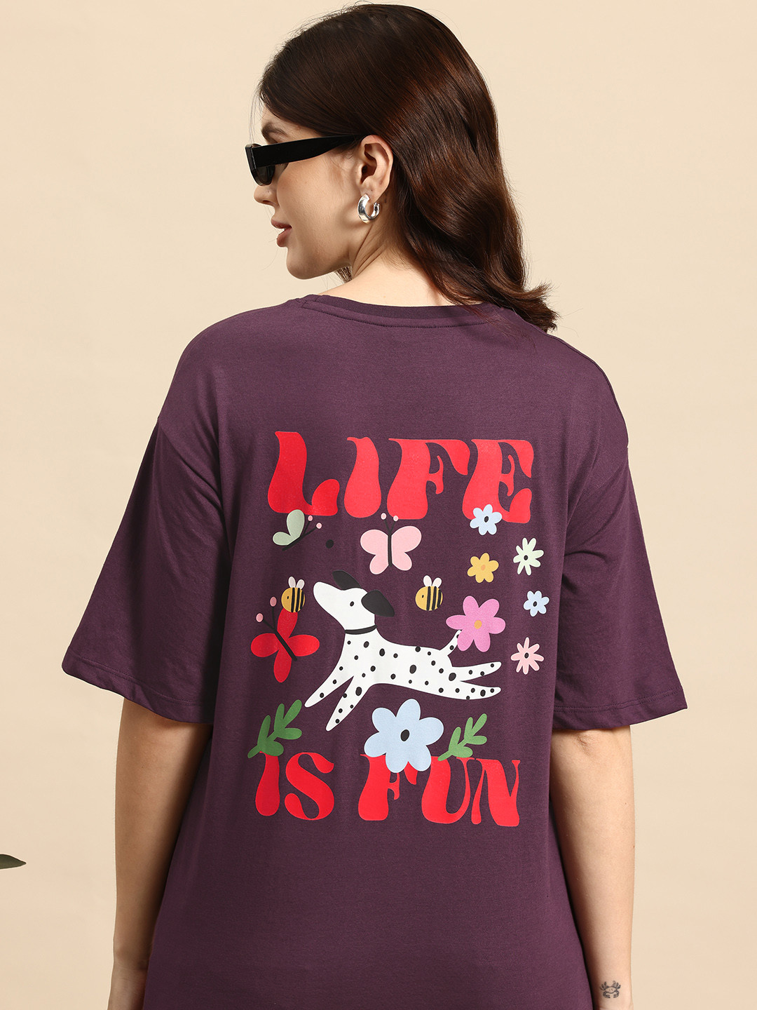 

Mast & Harbour Typography Printed Drop-Shoulder Sleeves T-shirt, Purple