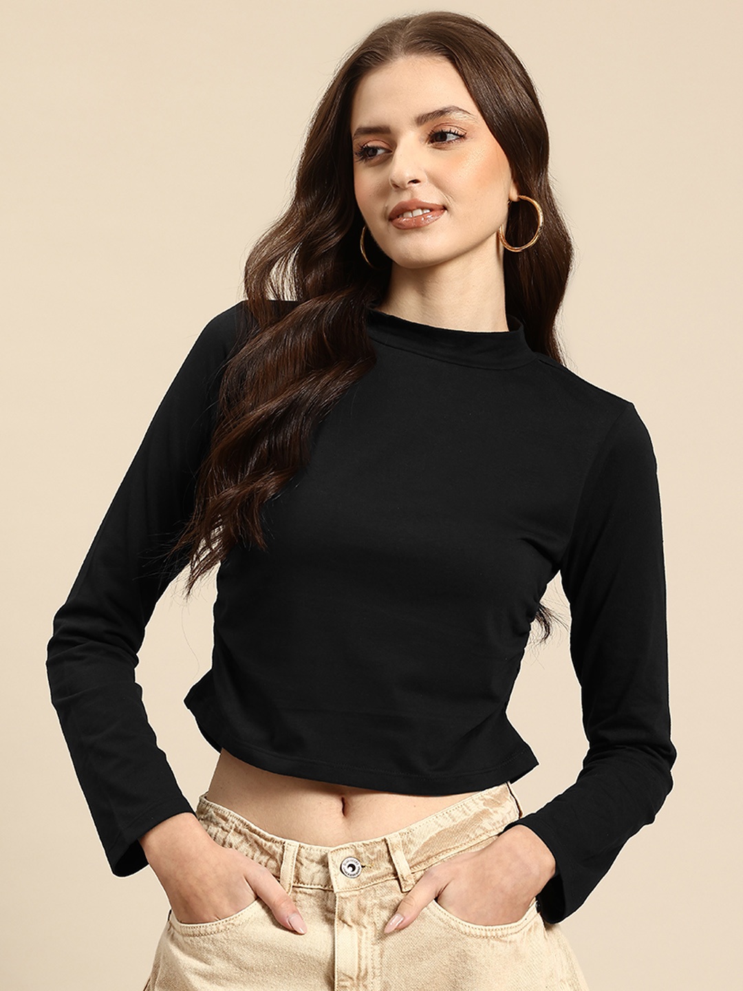 

Mast & Harbour Fitted Crop Top With Pleated Detailing, Black