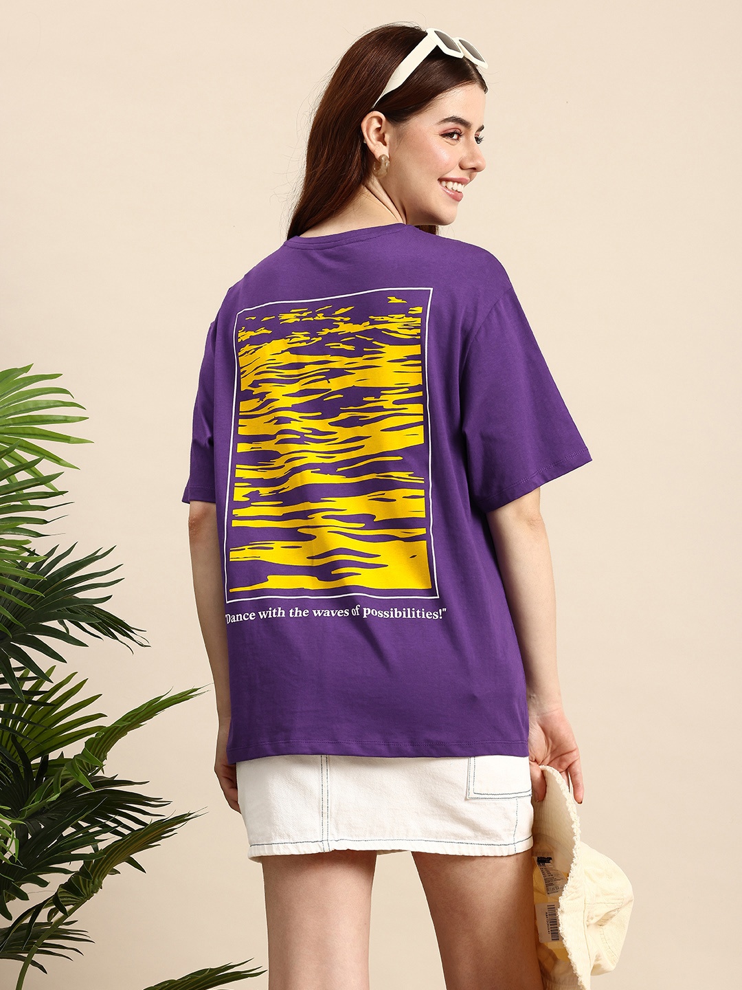 

Mast & Harbour Abstract Printed Drop-Shoulder Sleeves Oversized Pure Cotton T-shirt, Purple