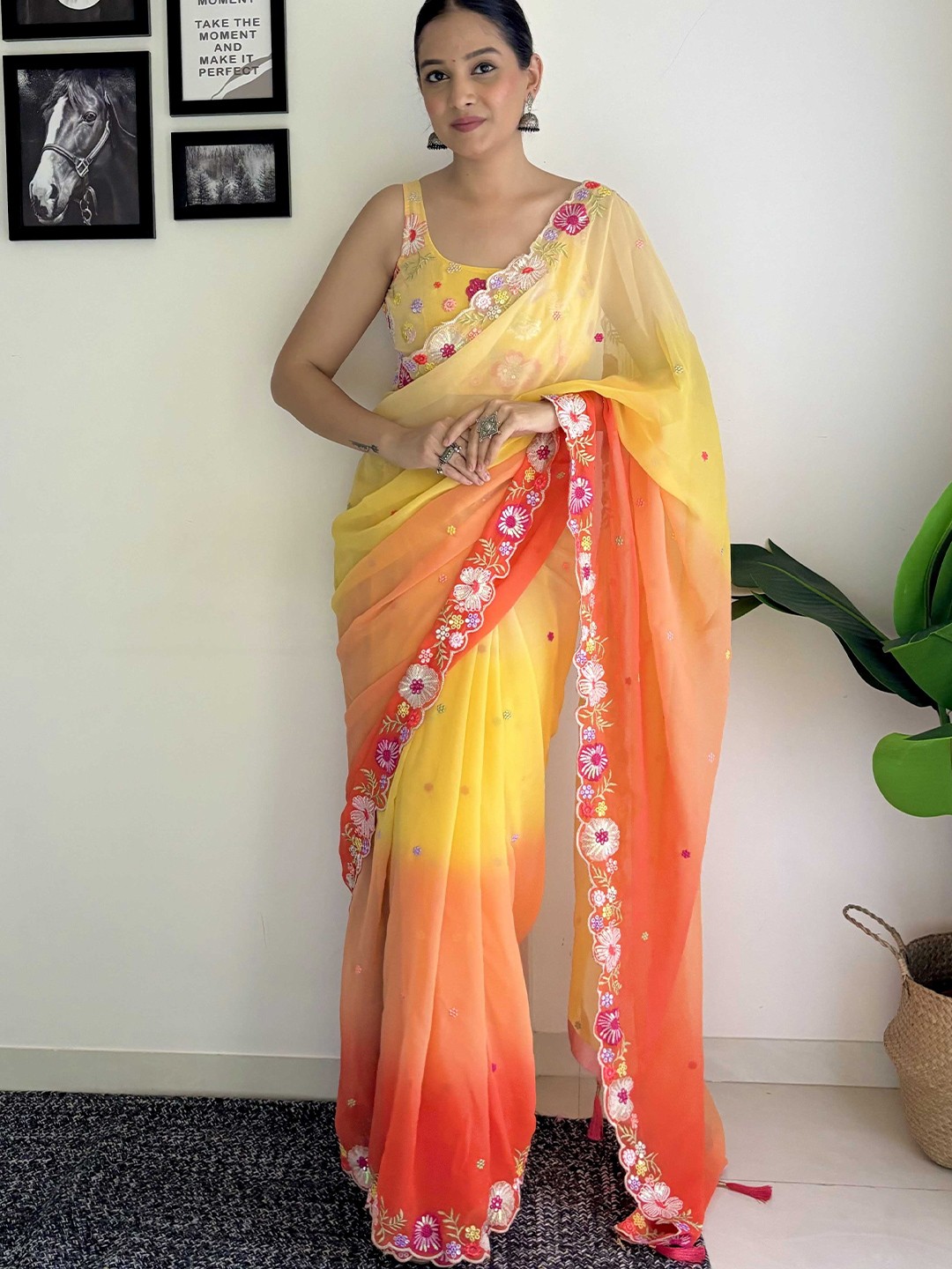 

Mitera Floral Embroidered Saree, Yellow