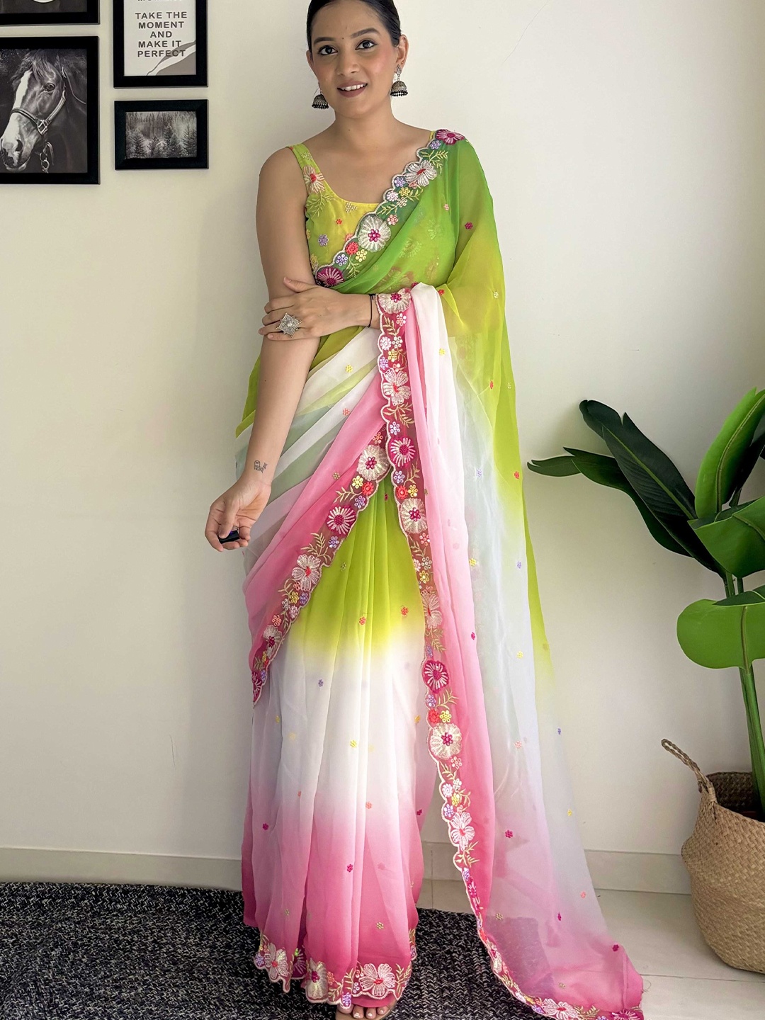 

Mitera Ombre Embroidered Saree, Green
