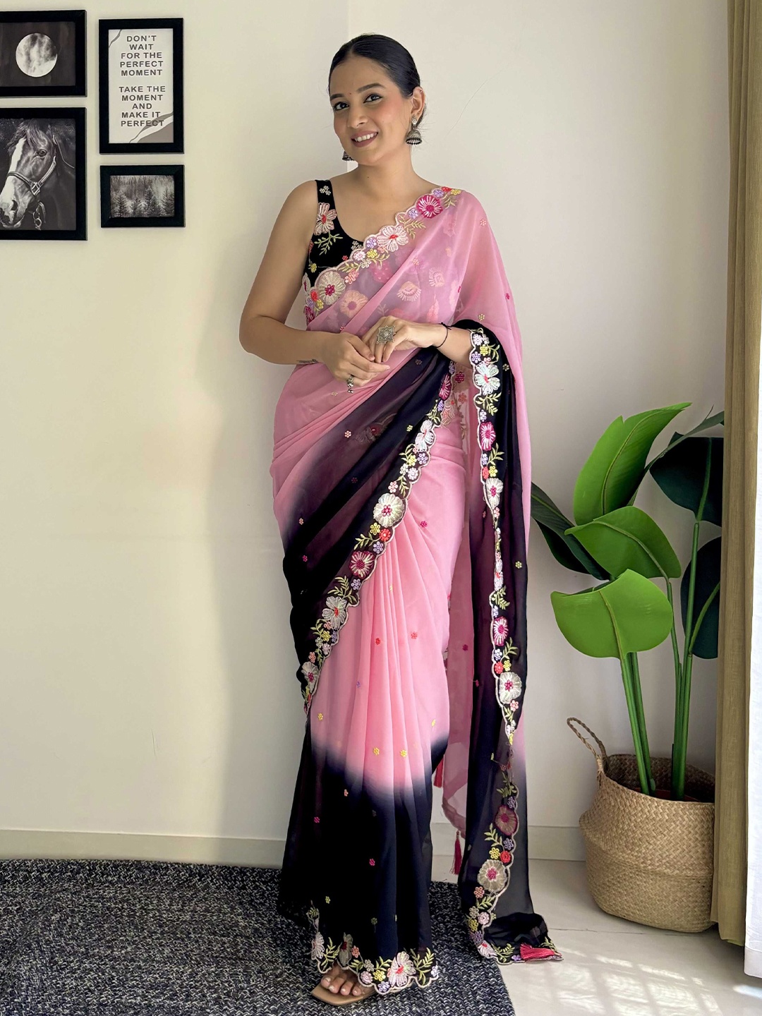 

Mitera Floral Embroidered Saree, Pink