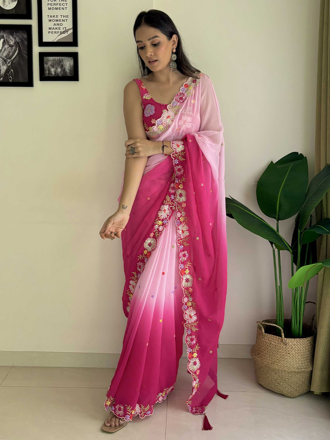 

Mitera Floral Embroidered Saree, Pink