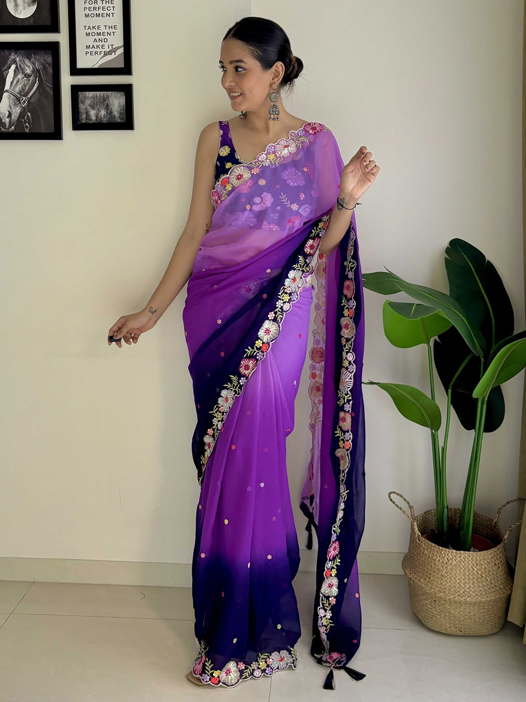 

Mitera Floral Embroidered Saree, Purple