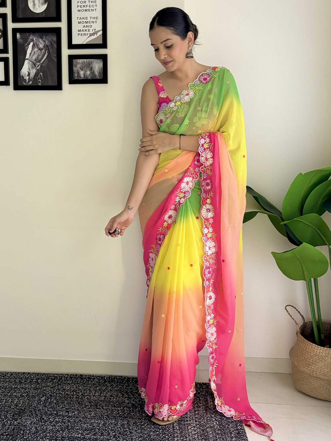 Mitera Ethnic Motifs Embroidered Sequinned Saree, Yellow