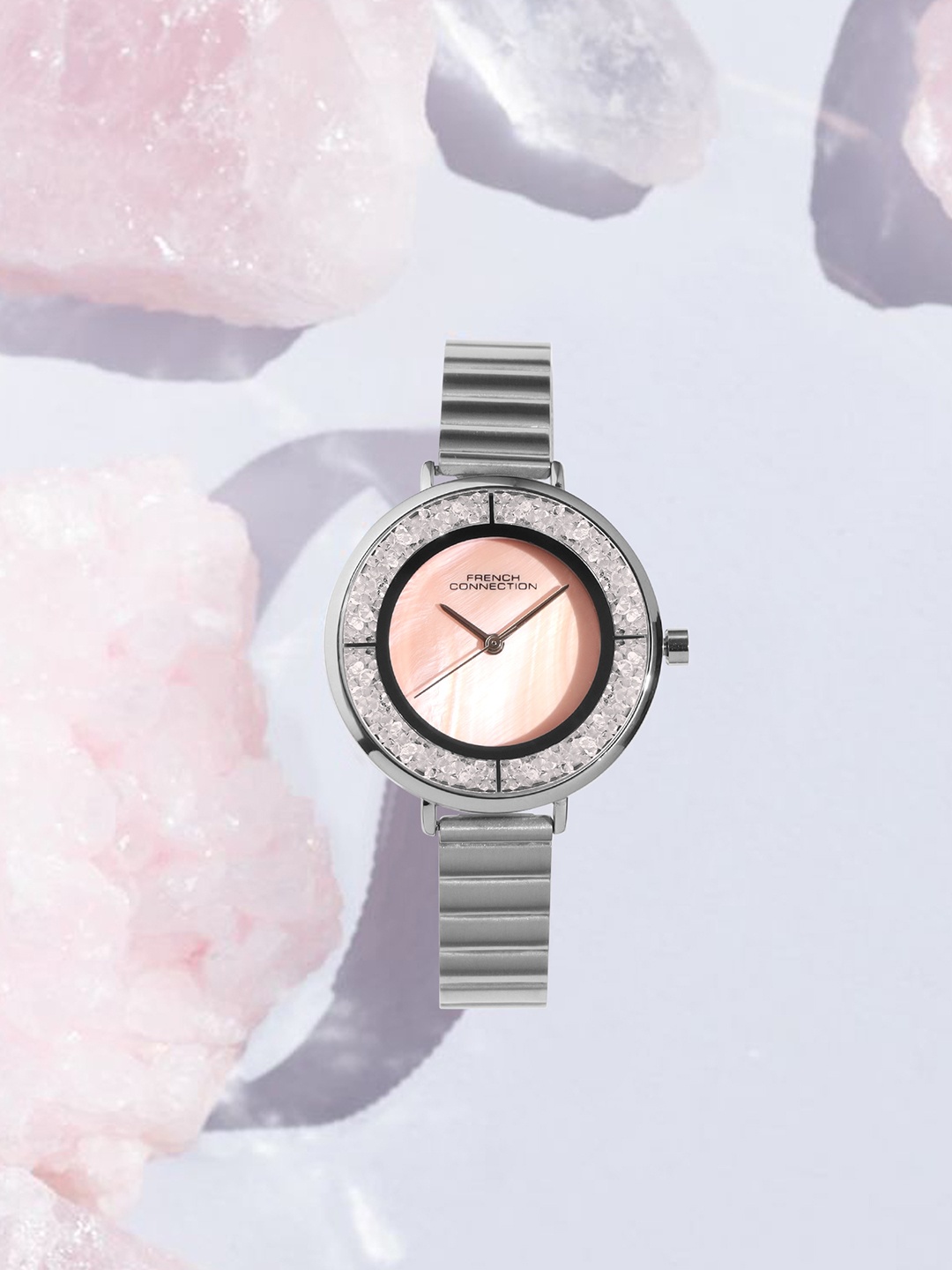 

French Connection Women Embellished Dial & Stainless Steel Bracelet Style Straps Analogue Watch FCN087SM, Pink