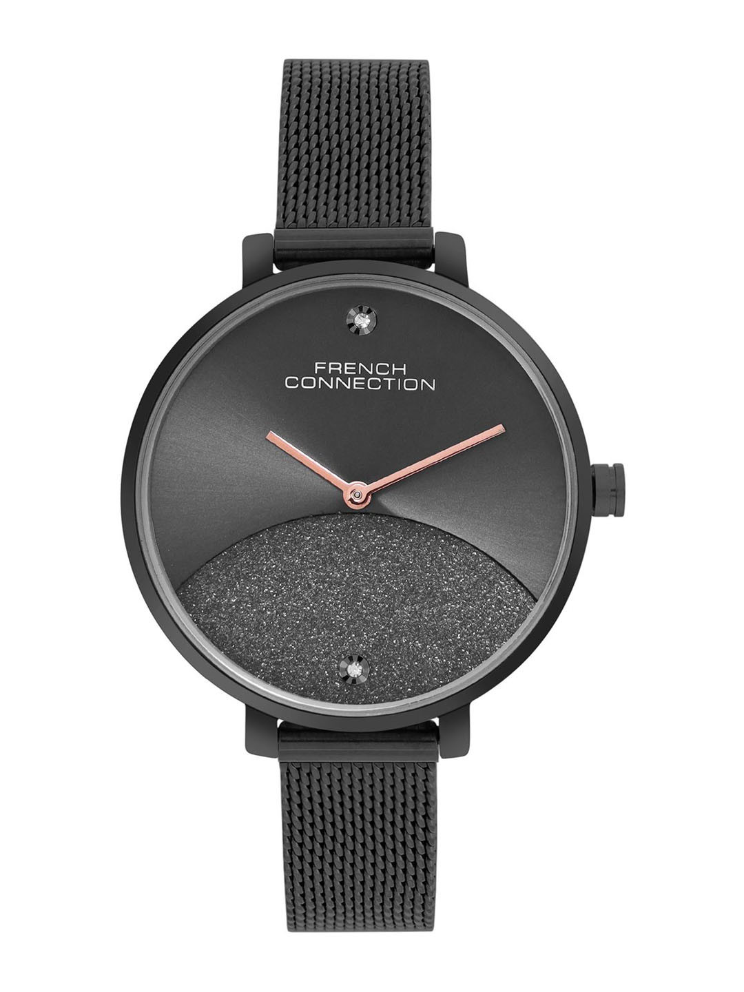 

French Connection Women Embellished Dial & Stainless Steel Bracelet Style Straps Analogue Watch FCN089BM, Black
