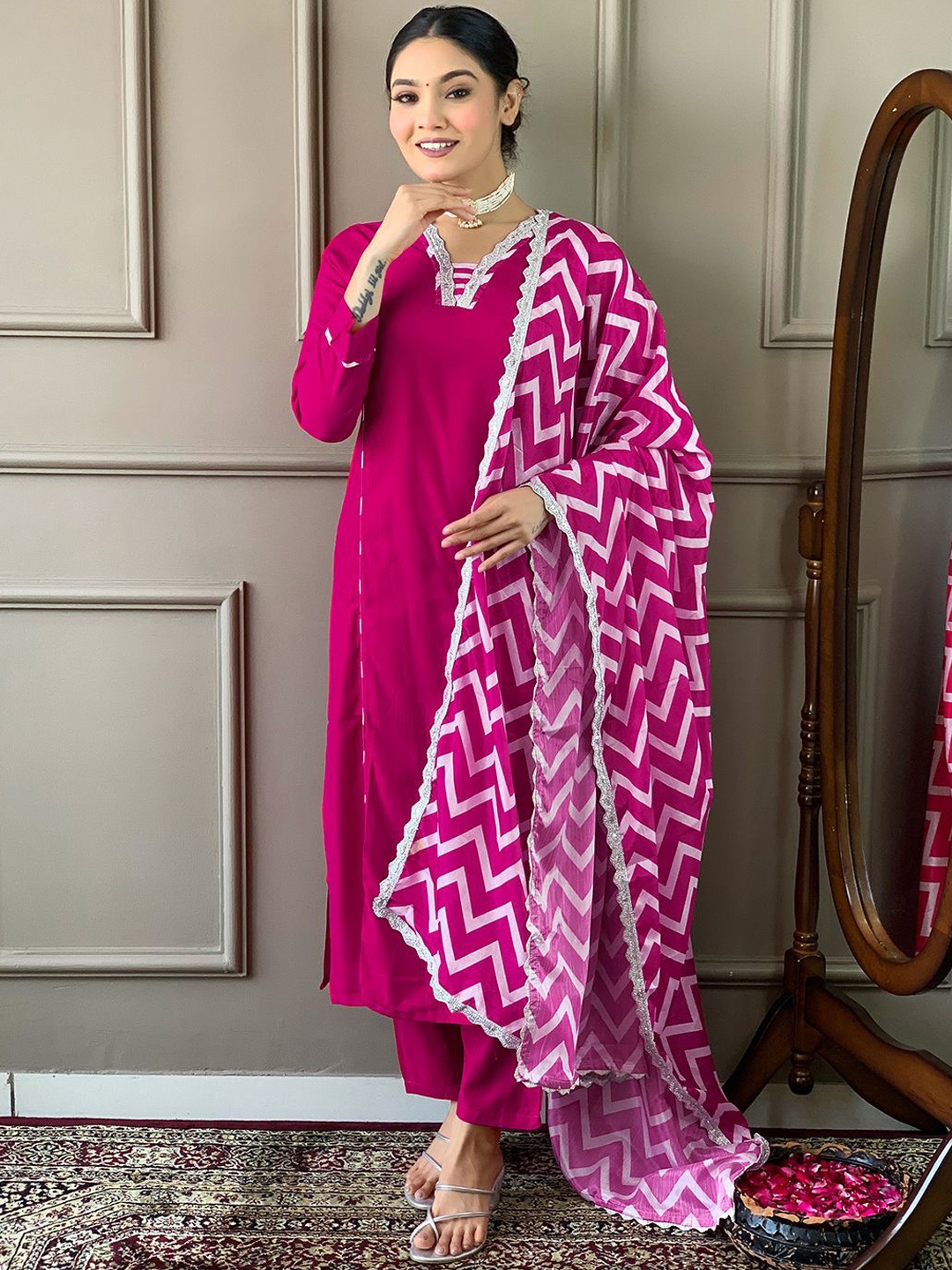 

KALINI Women Leheriya Embroidered Regular Sequinned Kurta with Trousers & With Dupatta, Pink