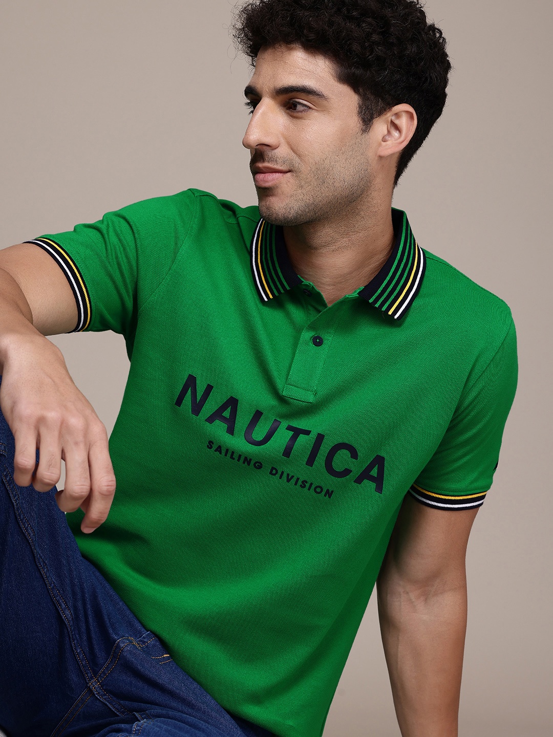 

Nautica Brand Logo Printed Polo Collar Pure Cotton Casual T-shirt, Green