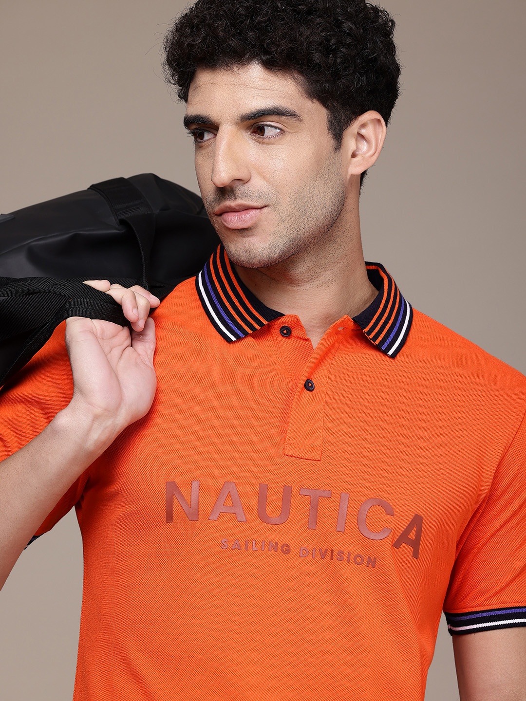 

Nautica Brand Logo Printed Polo Collar Pure Cotton Casual T-shirt, Orange