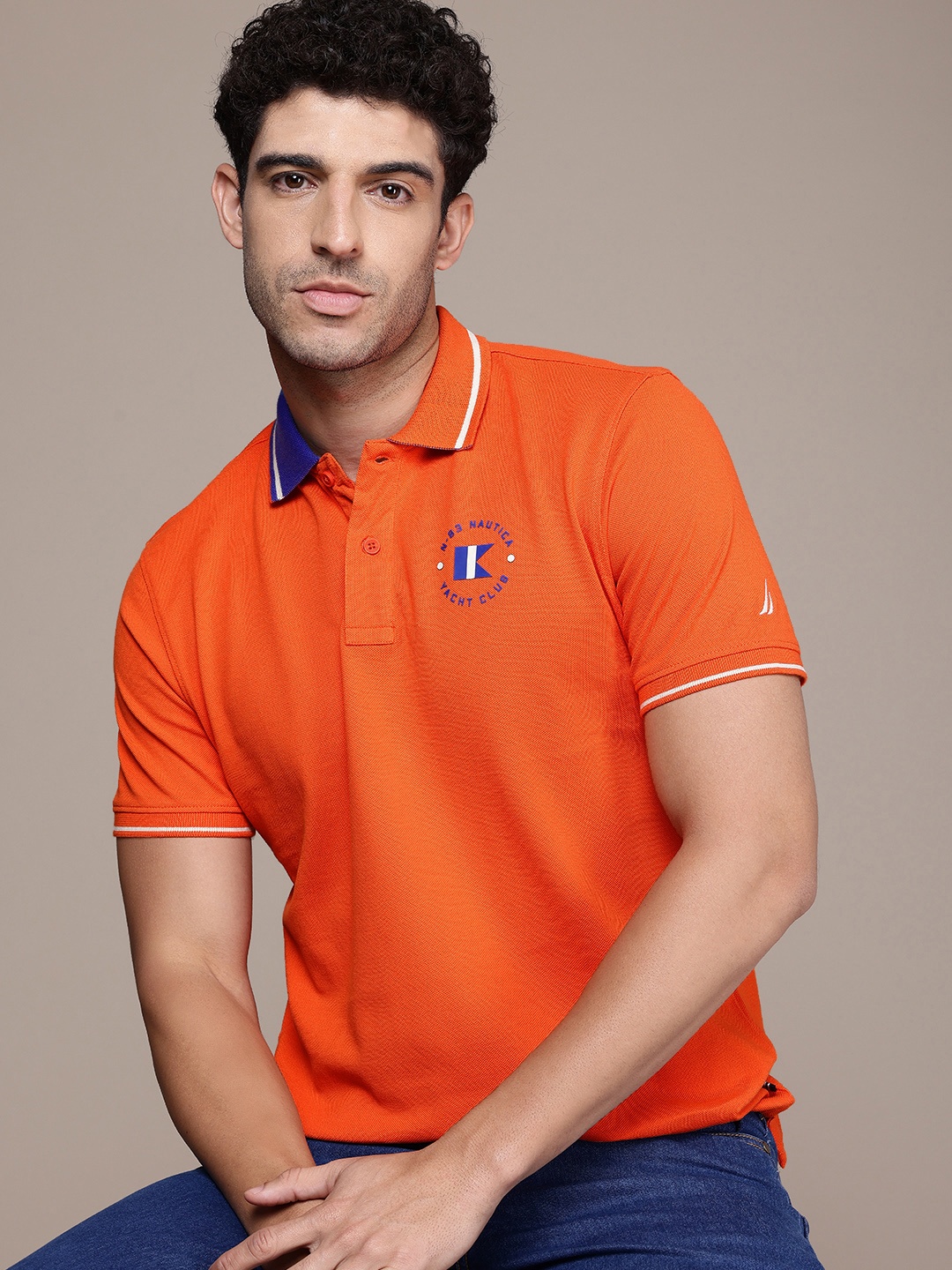 

Nautica Brand Logo Printed Polo Collar Pure Cotton Casual T-shirt, Orange