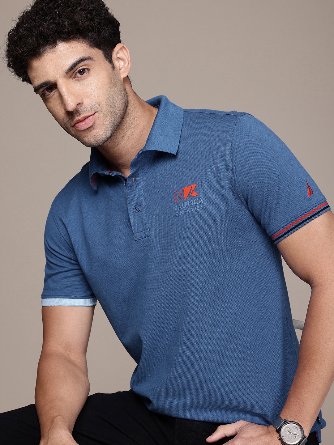 

Nautica Brand Logo Printed Polo Collar Pure Cotton Casual T-shirt, Blue