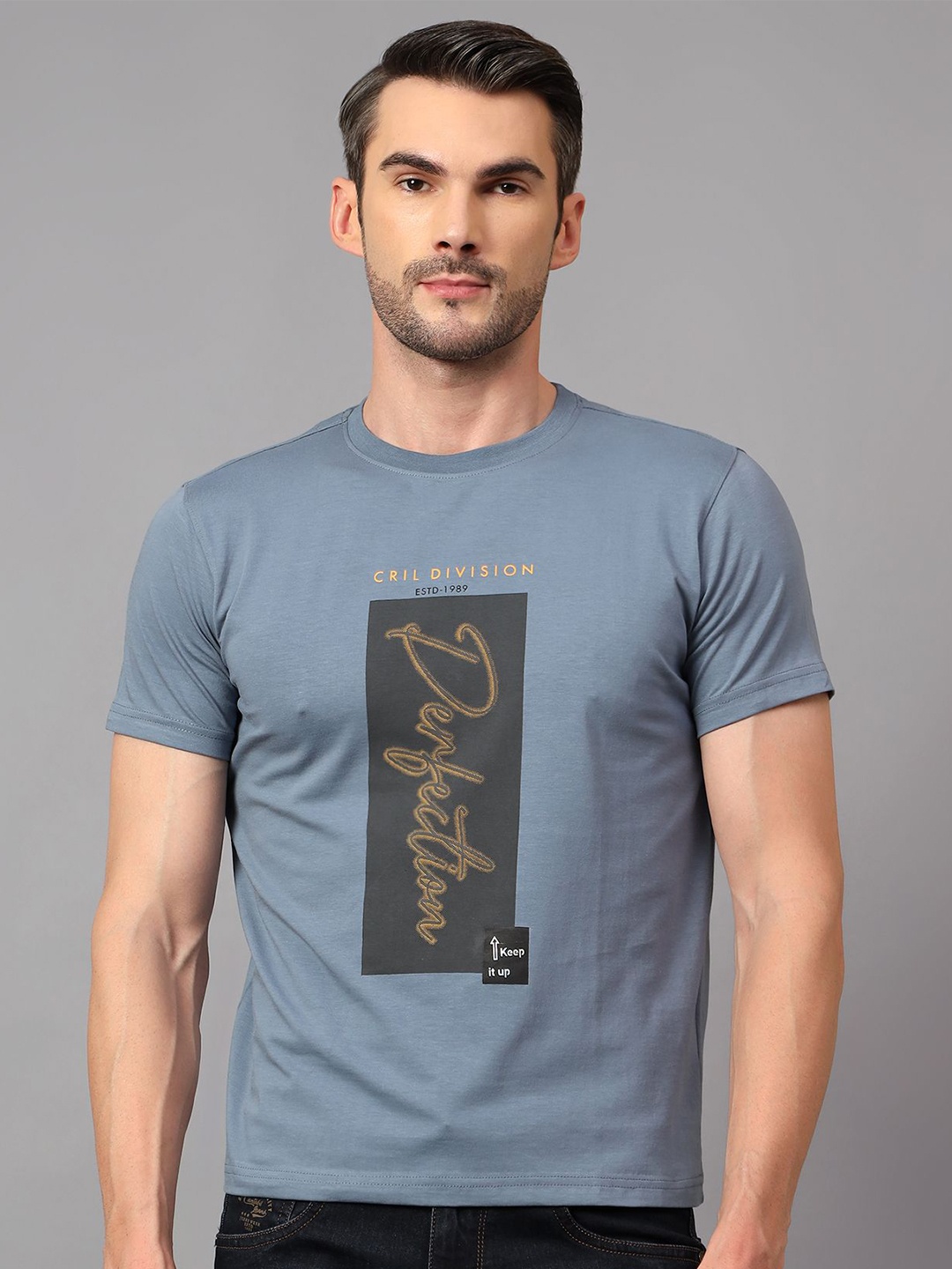 Cantabil Men Typography Printed Applique T-shirt, Grey