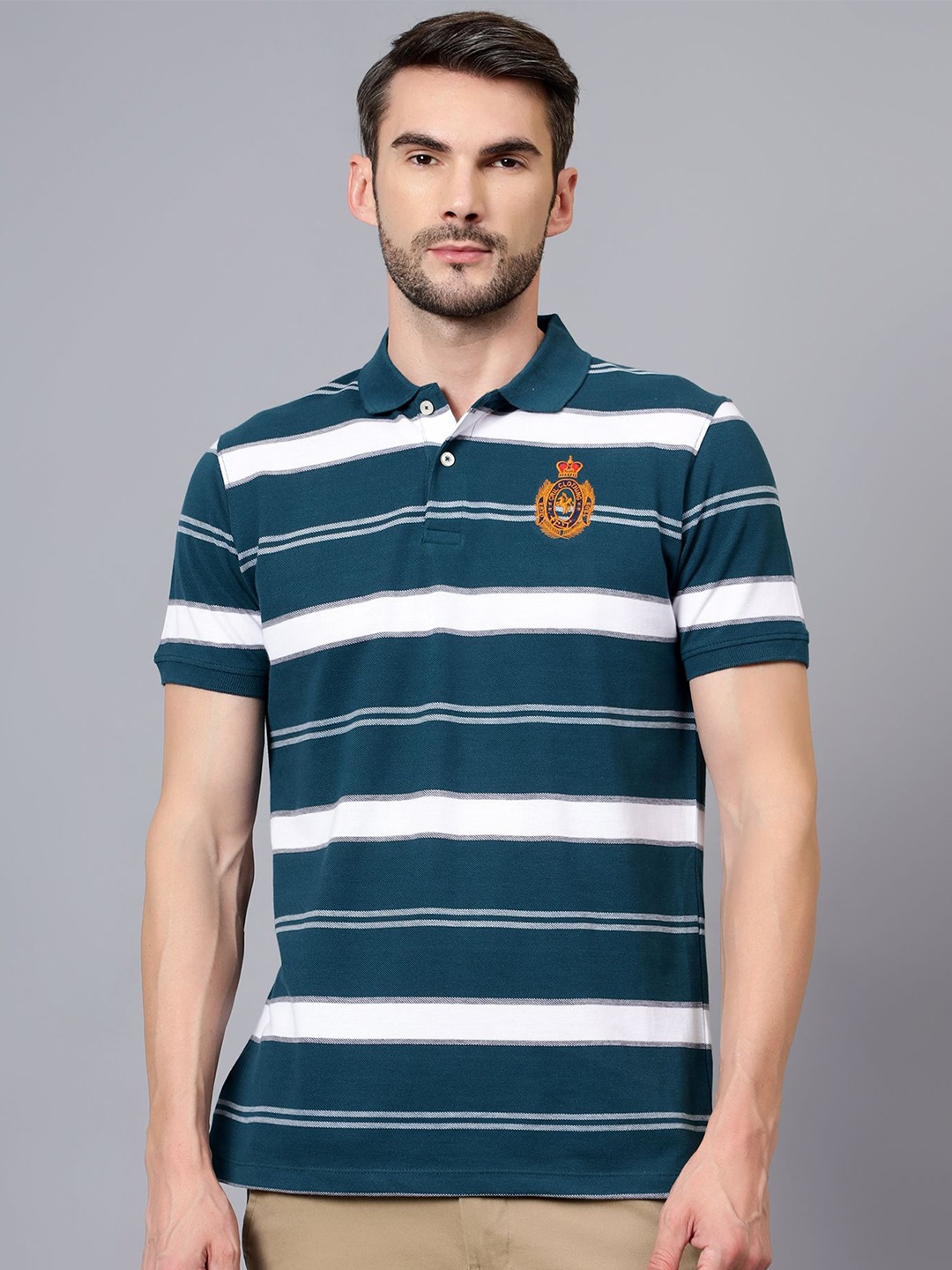 

Cantabil Men Striped Polo Collar Applique T-shirt, Teal