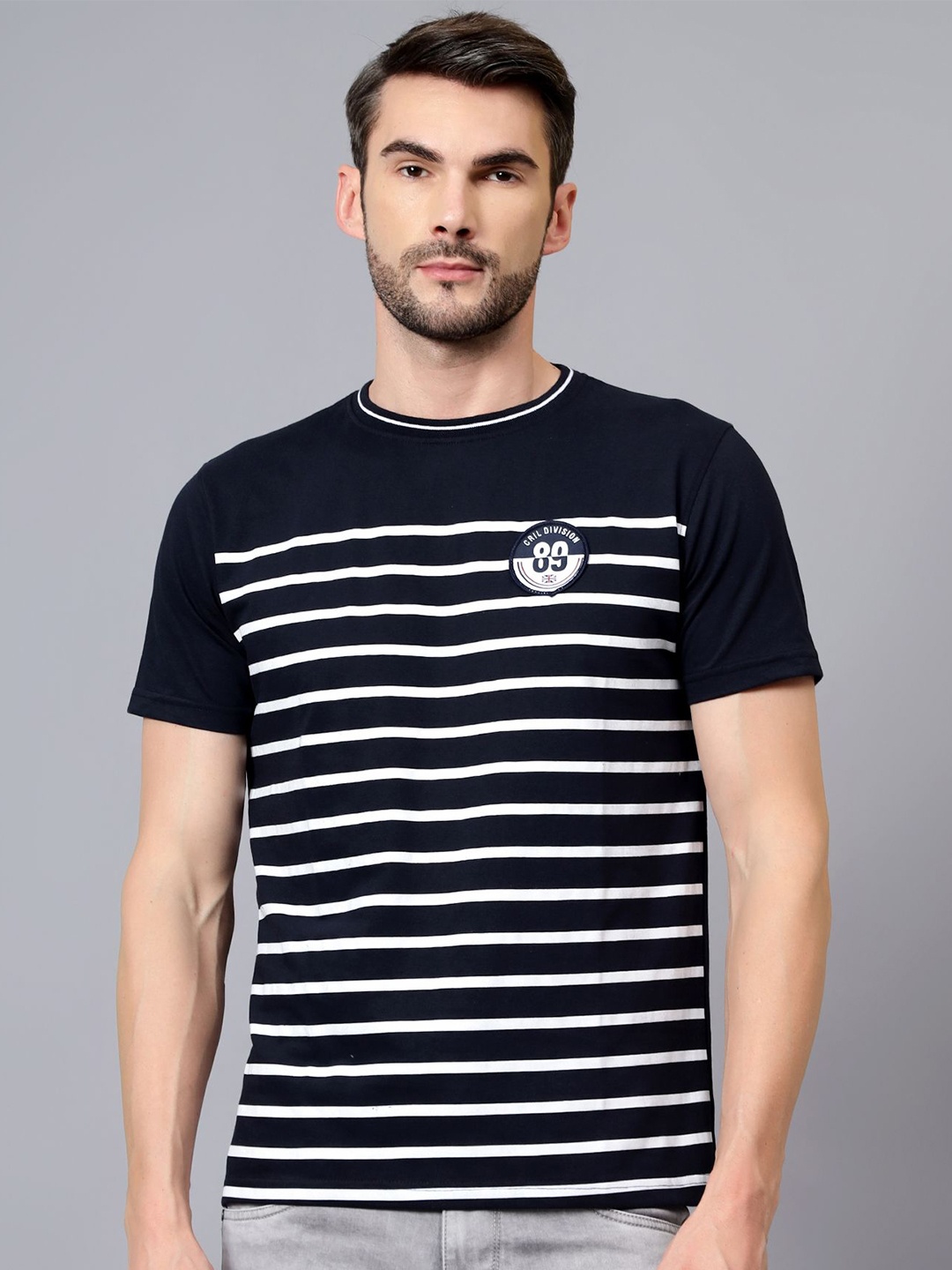 

Cantabil Men Striped Pockets T-shirt, Navy blue