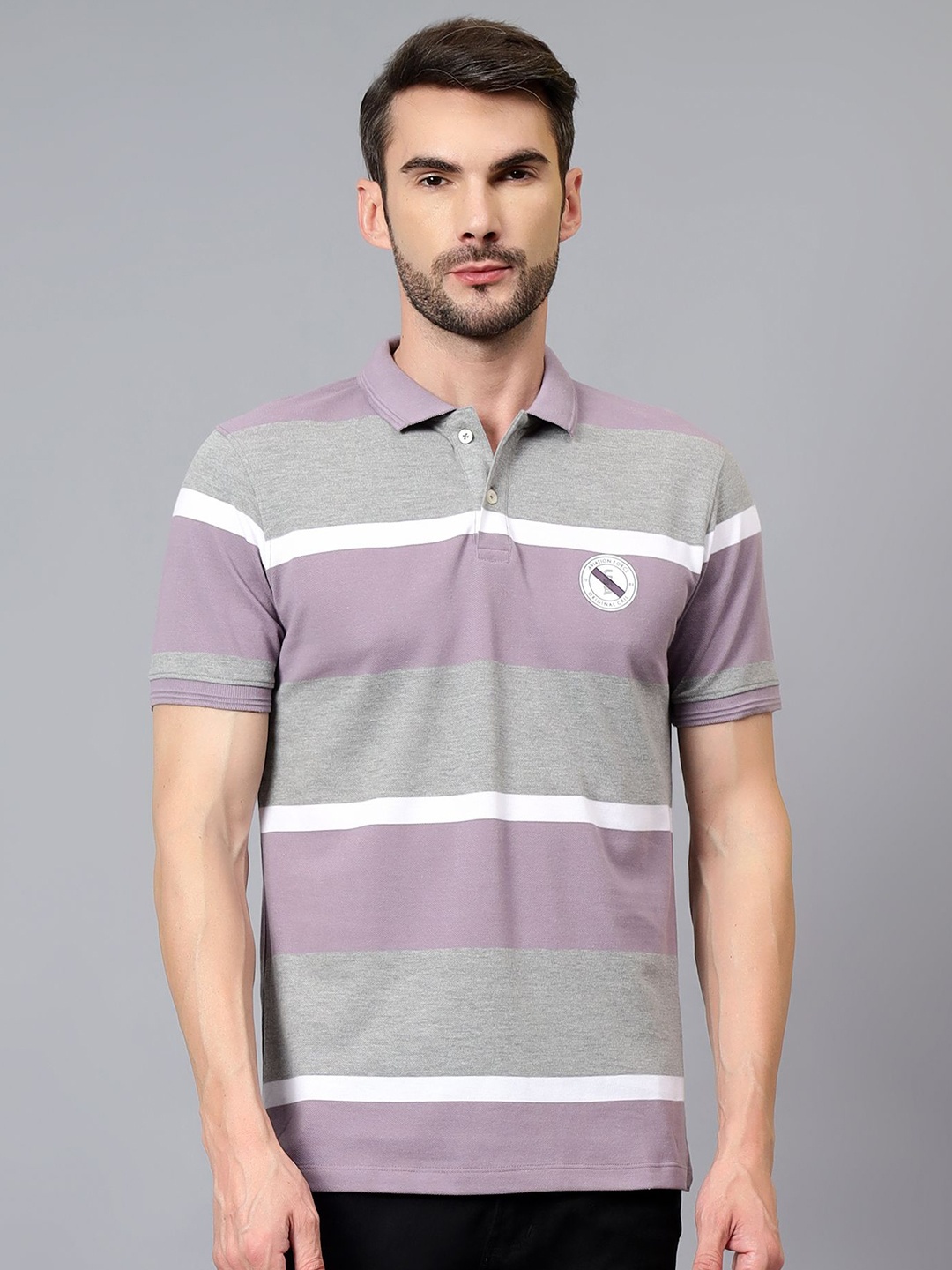 

Cantabil Men Striped Polo Collar Applique T-shirt, Purple