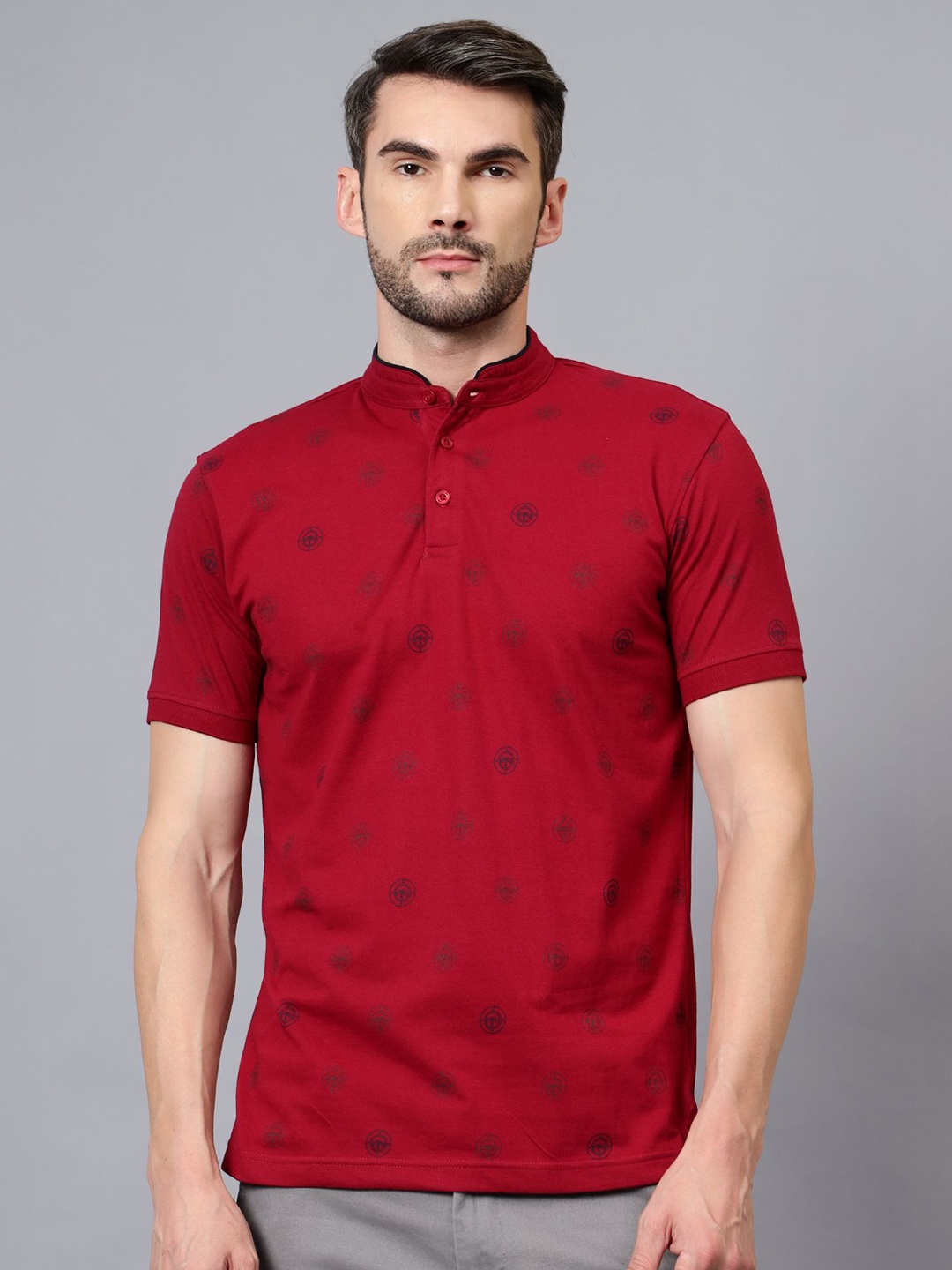 

Cantabil Men Printed Mandarin Collar Pockets T-shirt, Maroon