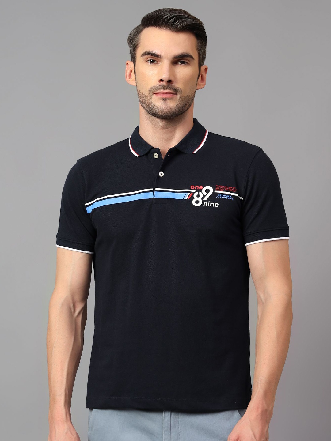 

Cantabil Men Typography Polo Collar T-shirt, Navy blue