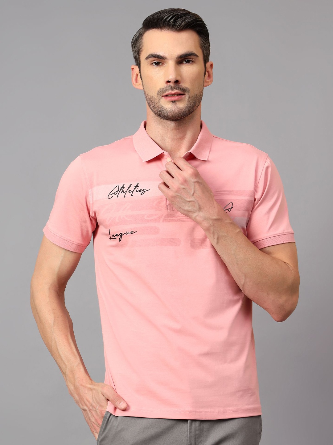 

Cantabil Men Floral Printed Polo Collar Tropical Pockets T-shirt, Pink