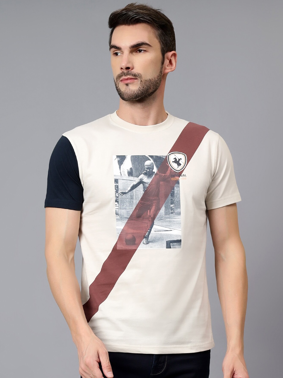 Cantabil Men Typography Printed Applique T-shirt, Beige